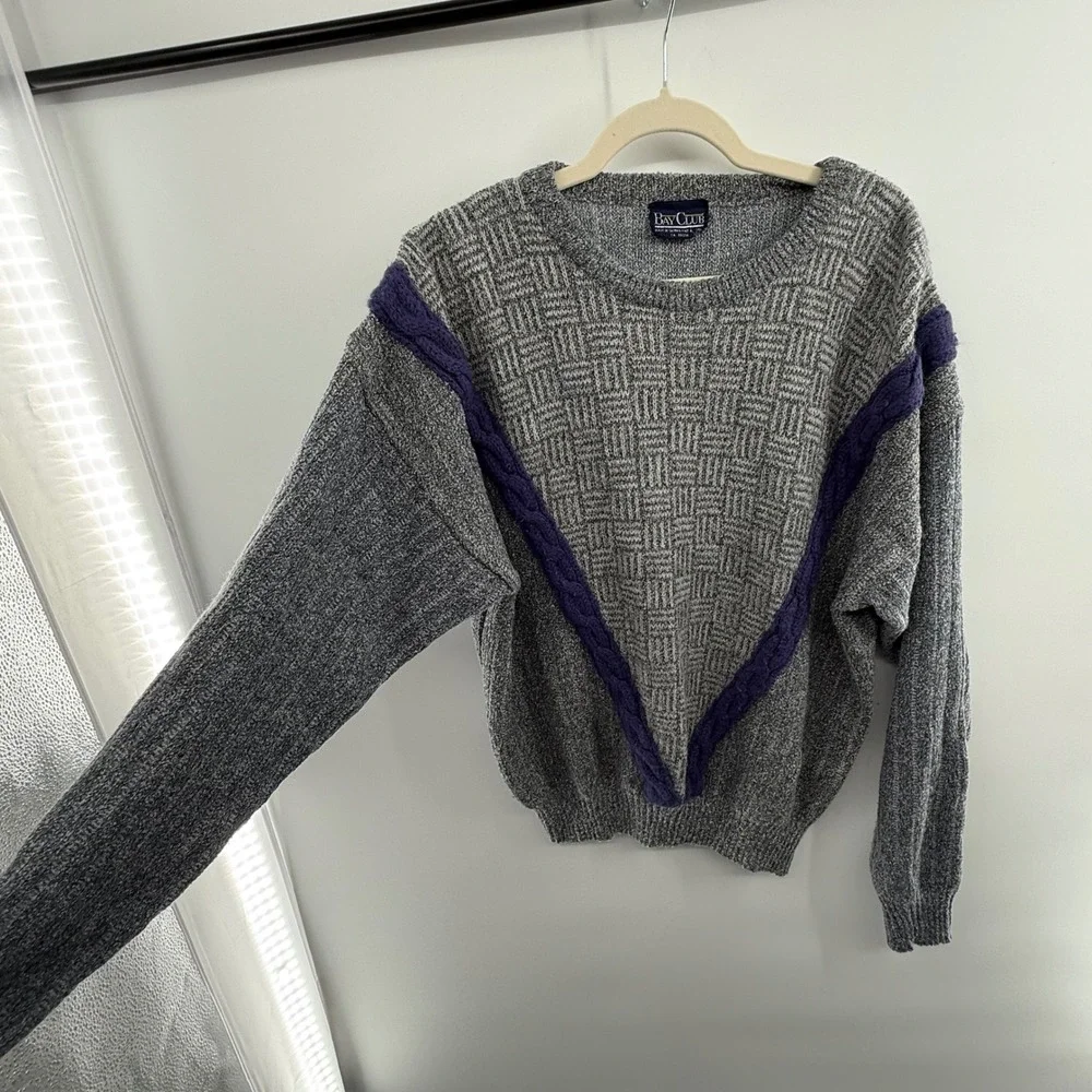 80s Bay Club Sweater Vintage Gray Purple Geometric Cable‎ Knit Size XL